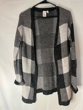 Oh MG! Black & White Open-Front Plaid Cardigan Sweater